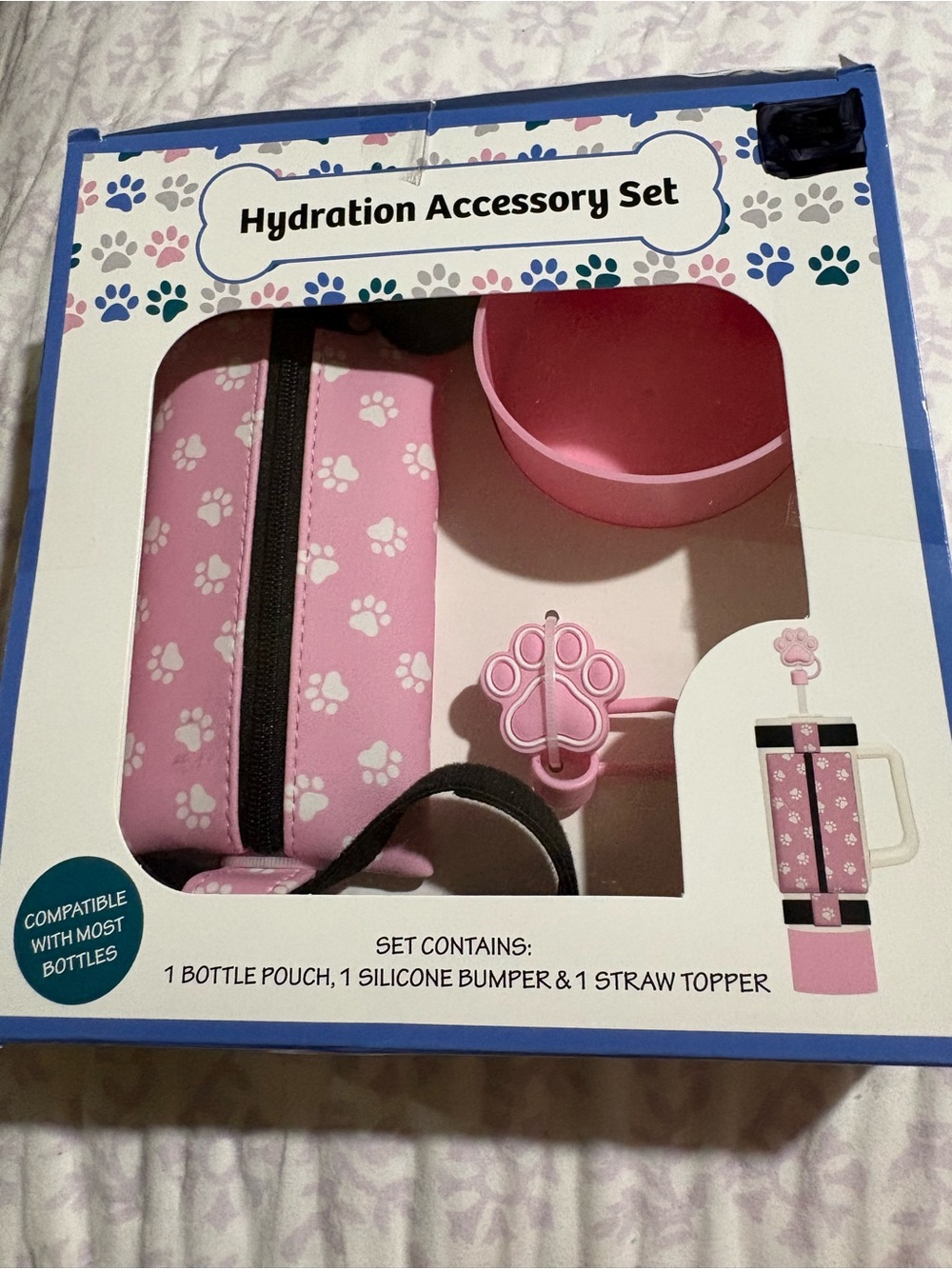 Hydration Accessory Set — Pink Paw Print Bottle Pouch & Silicone Bumper